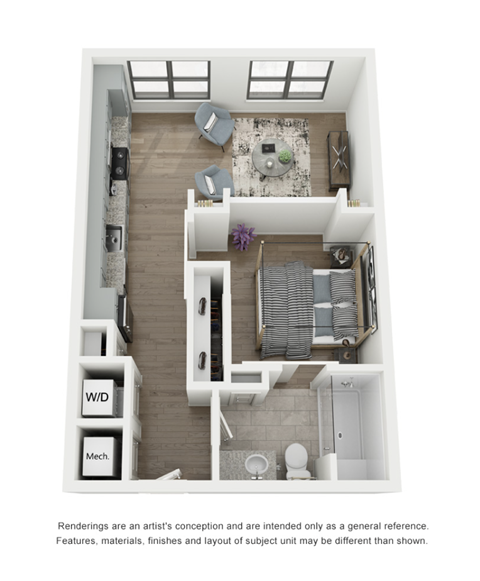 a stylized floor plan with a bedroom and a living room