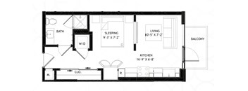 A floor plan of a small apartment with a living room, kitchen, bathroom, and sleeping area.
