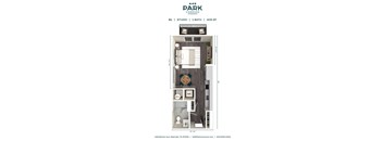 A floor plan for a studio apartment with a bathroom and a living area.