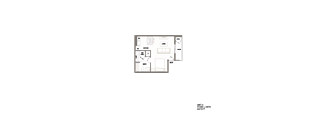 A floor plan of a studio apartment with a kitchen, living room, and bathroom.