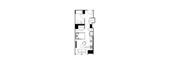 A floor plan of a small apartment with a living/kitchen area and a bathroom.