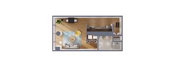 A top-down view of a living room with a couch, coffee table, and kitchen area.