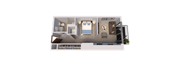 A 3D rendered image of a modern apartment layout.
