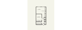 A floor plan of a small apartment with a living room, kitchen, bedroom, bathroom, and closet.