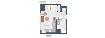 A floor plan of a room with a living room, bedroom, and kitchen.