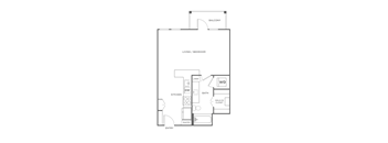 A floor plan of a home with a living room, dining room, kitchen, bathroom, and entry.