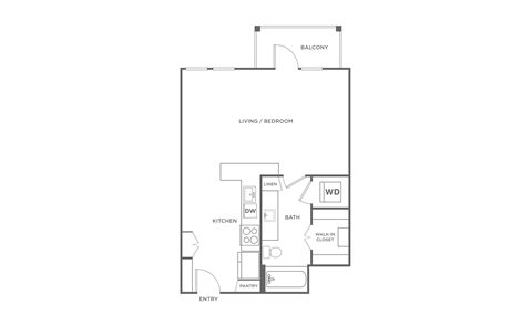 A floor plan of a home with a living room, dining room, kitchen, bathroom, and entry.