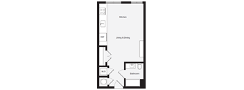 A floor plan of a kitchen, living and dining area, bathroom, and a W/D.