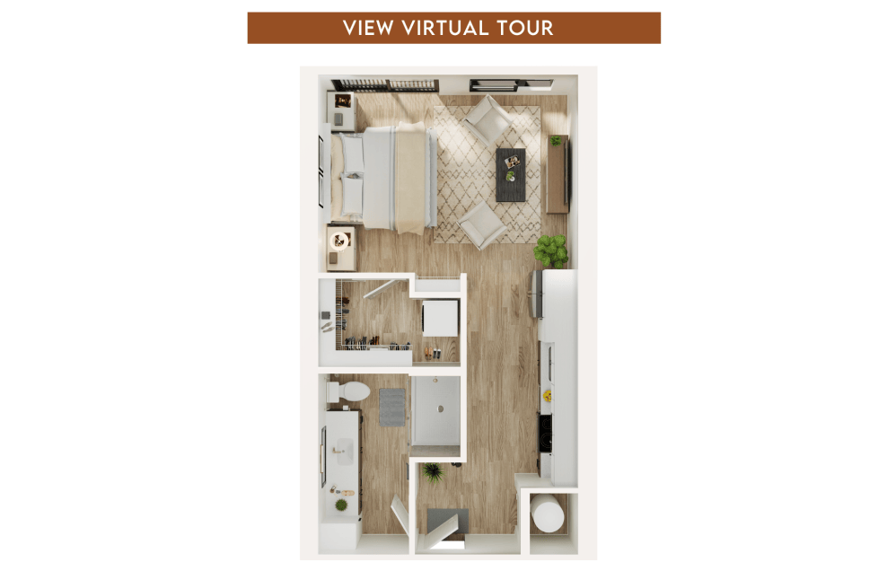 A virtual tour of a room with a bed, a desk, and a chair.