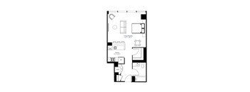 A floor plan of a small apartment with a kitchen, living room, and bathroom.