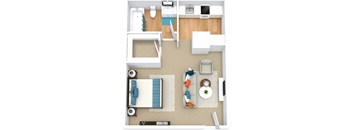 A top-down view of a small apartment with a bed, a couch, a desk, and a kitchenette.