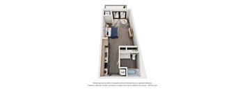 A 3D floor plan of a small apartment with a kitchen, living room, and bathroom.