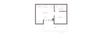 A floor plan of a house with a living area, bedroom, and patio.