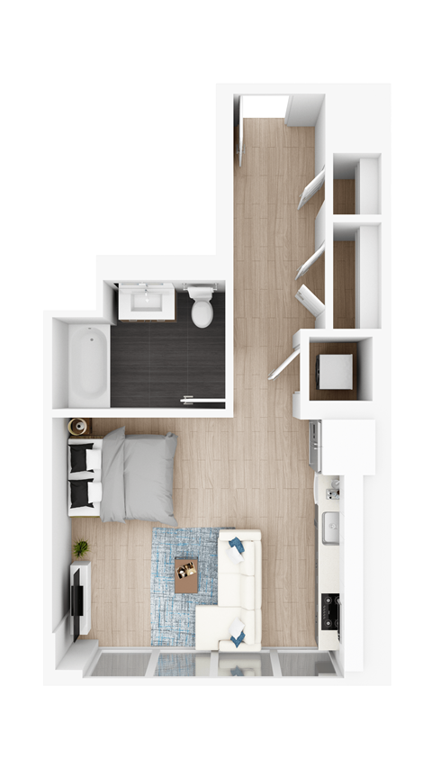 a stylized floor plan with a bedroom and a bathroom