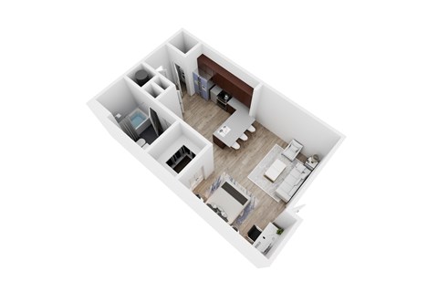 A top down view of a small apartment with a kitchen, living room, and bedroom.