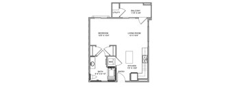 A floor plan of a small apartment with a bedroom, living room, kitchen, and bathroom.