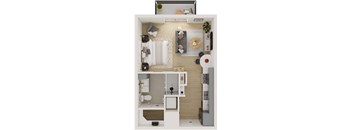 A top-down view of a small apartment with a kitchen, living room, and bathroom.