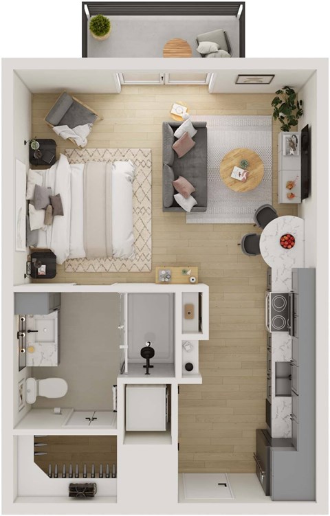 A top-down view of a small apartment with a kitchen, living room, and bathroom.