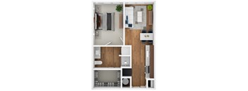 A top-down view of a small apartment with a kitchen, living room, and bathroom.
