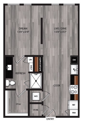 A floor plan of a kitchen and living room layout.