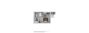 A 3D floor plan of a small apartment with a kitchen, living room, and bathroom.