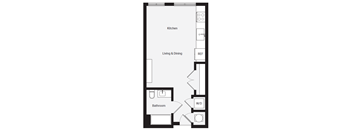 A floor plan of a small apartment with a kitchen, bathroom and living and dining area.