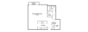 A floor plan of a house with a living/dining room, kitchen, bath, and closets.