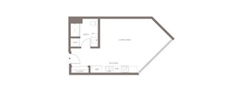 A floor plan of a kitchen and living area.