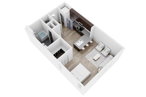 A top down view of a house interior with a kitchen, living room, and bedrooms.