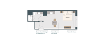 A floor plan of a room with a dining area, a bedroom, and a kitchen.