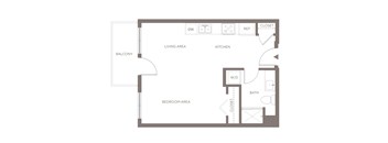 A floor plan of a small apartment with a living area, kitchen, bedroom area, and bathroom.