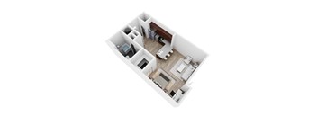 A top down view of a small apartment with a kitchen, living room, and bedroom.
