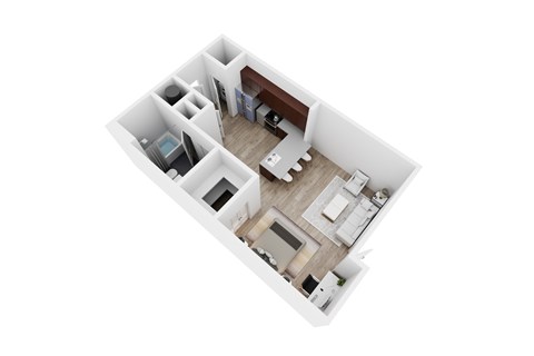 A top down view of a small apartment with a kitchen, living room, and bedroom.