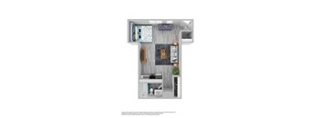 A floor plan of a small apartment with a kitchen, living room, and bathroom.