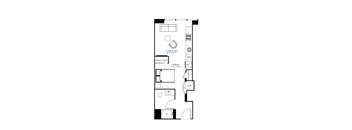 A floor plan of a small apartment with a living room, bedroom, and bathroom.