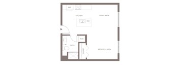 A floor plan of a small apartment with a kitchen, living area, bedroom area, and bathroom.