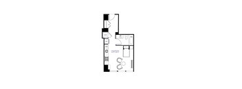 A floor plan of a small apartment with a living room, kitchen, and bathroom.