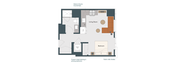 A floor plan of a room with a living room, bedroom, and laundry area.