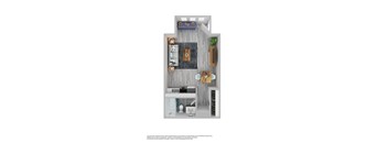 A 3D rendered image of a small apartment layout.