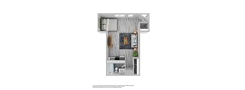 A top-down view of a small, neatly organized bedroom with a bed, desk, and chair.