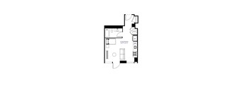 A floor plan of a living and kitchen area with a reference number and dimensions.