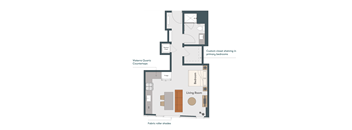 A diagram of a house layout with a living room, two bedrooms, a kitchen, and a laundry area.