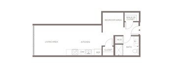A floor plan of a house with a living area, kitchen, bathroom and bedroom.
