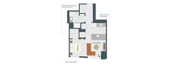 A floor plan of an apartment with a living room, two bedrooms, a kitchen, and a laundry area.