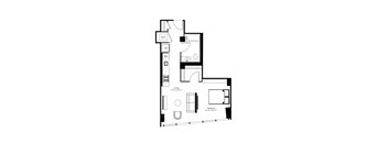 A floor plan of a small apartment with a living room, a bedroom, and a bathroom.