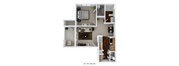 A 1x1-641 SF apartment layout with a living room, kitchen, and two bedrooms.
