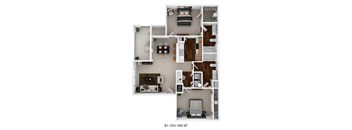 A floor plan of a small apartment with a kitchen, living room, and two bedrooms.