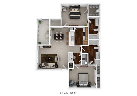 a stylized floor plan is shown with furniture and a living room