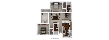 a stylized 3d floor plan of a 2100 sq ft apartment