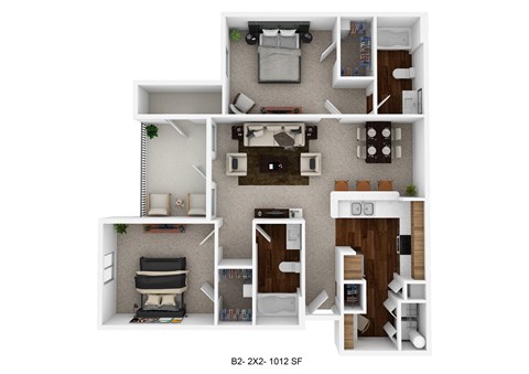 a stylized 3d floor plan of a 2100 sq ft apartment
